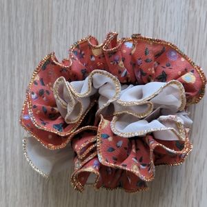 Coral orange with tan and gold edges hair scrunchie